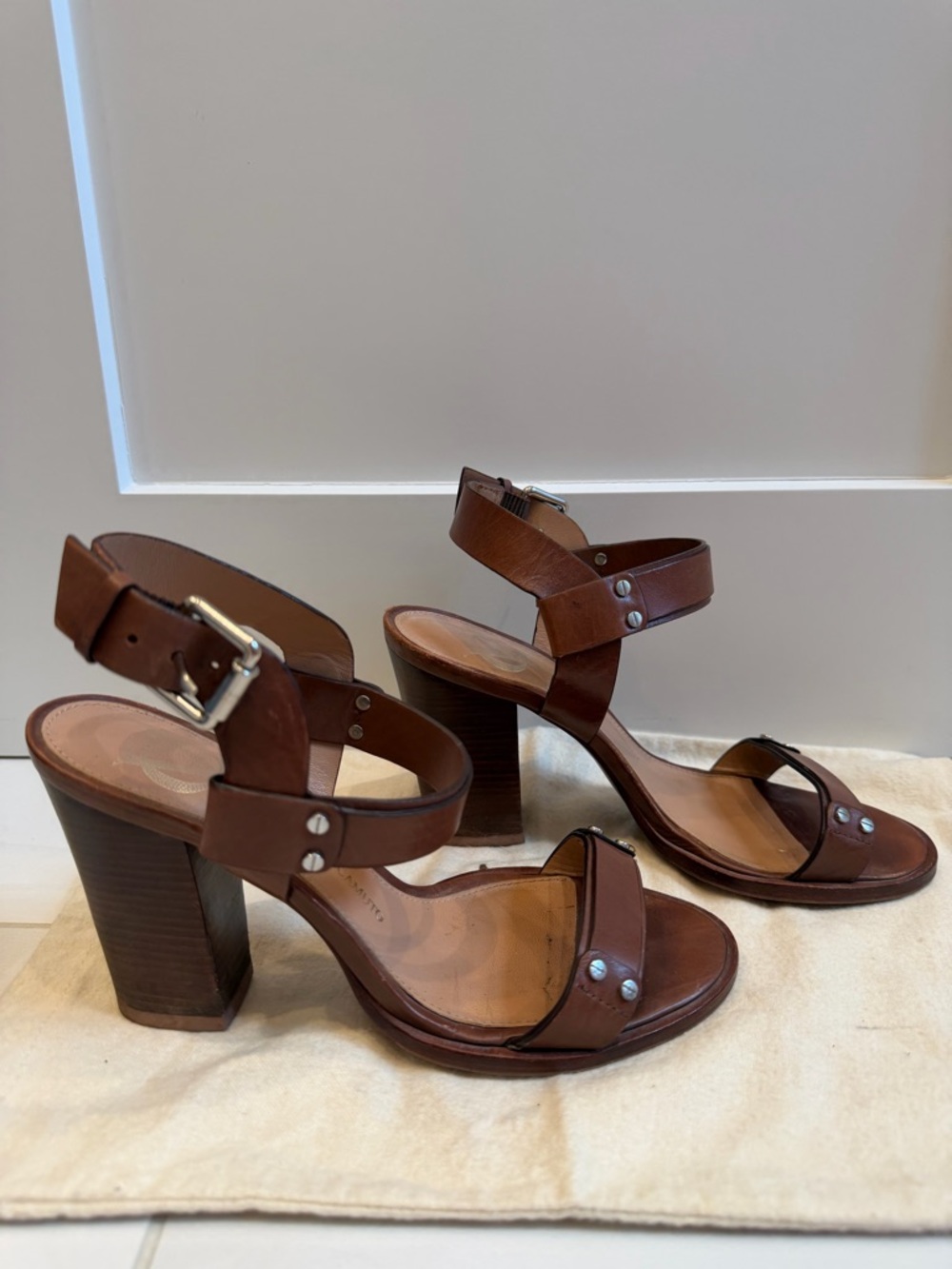 Vince Camuto Brown Leather Block Heel Sandals with Ankle Strap
